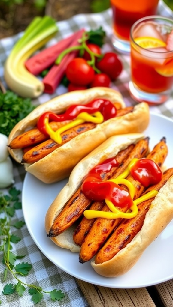 Grilled carrot dogs served in buns with mustard and ketchup on a picnic table.